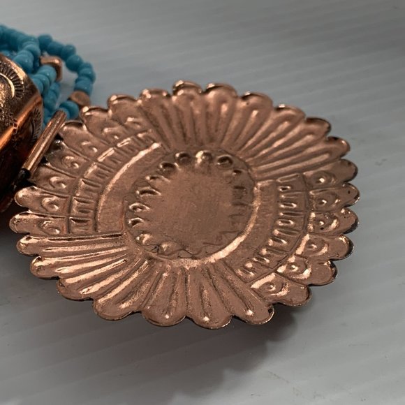 Turquoise Colored Necklace Multistrand Beaded Large Copper Colored Pendant 25" - Picture 12 of 14